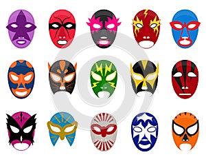 Cartoon Color Mexican Wrestling Mask Icon Set. Vector photo
