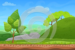 Cartoon color nature spring summer landscape in sun day with grass, trees, sky and hills. Vector sunday game style