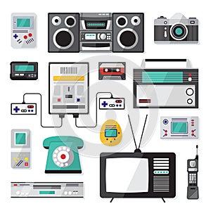 Cartoon Color Nineties Hipster Gadgets Icon Set. Vector