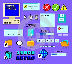 Cartoon Color Nineties Retro Computer Sticker Old Interface Set. Vector