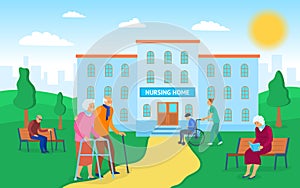 Cartoon Color Nursing Home Building Concept. Vector