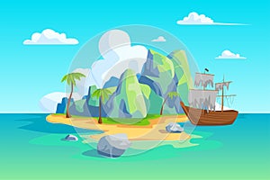 Cartoon Color Pirate Island Landscape Scene Concept. Vector