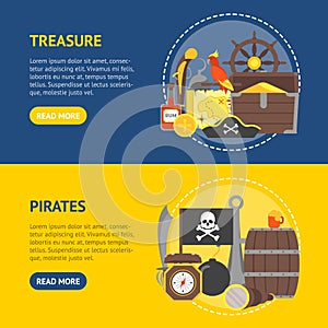 Cartoon Pirate Signs Banner Horizontal Set. Vector