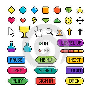 Cartoon Color Pixel Game Button Icon Set. Vector