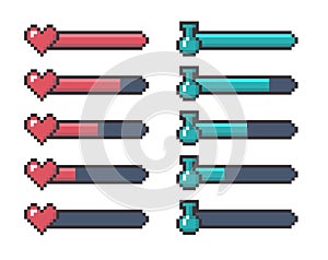 Cartoon Color Pixel Game UI Heart and Potion Button Icon. Vector