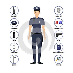 Cartoon Color Policeman and Police Icon Set. Vector