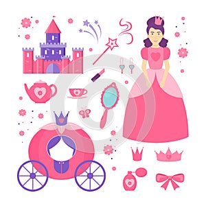 Cartoon Color Princess Sign Icon Set. Vector