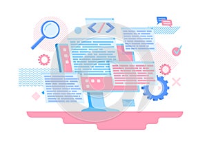 Cartoon Color Programming Software Concept Flat Design Style. Vector