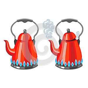 Cartoon Color Red Kettle Boiling Set. Vector