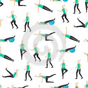 Cartoon Color Senior Exercise of Female Characters Seamless Pattern Background . Vector