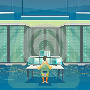 Cartoon Color Server Room Inside Interior and Admin. Vector