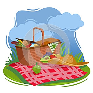 Cartoon Color Summer Picnic Basket Concept. Vector