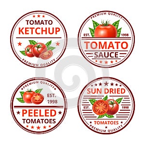 Cartoon Color Tomato Ketchup Sauce Label Badge Sign Set Concept Flat Design Style. Vector