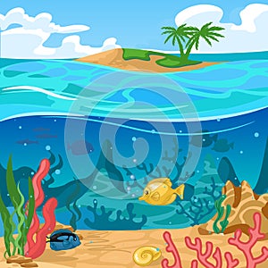 Cartoon Color Underwater World Scene Concept. Vector