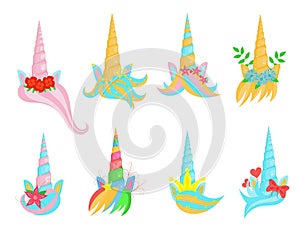 Cartoon Color Unicorn Tiaras Sign Icon Set. Vector