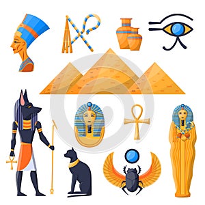 Cartoon Color Various Ancient Egypt Symbols Icons Set. Vector