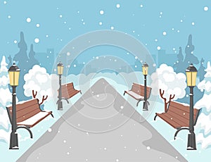 Cartoon Color Winter City Park Scene Concept. Vector