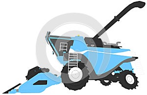 Cartoon colored 3D model of blue agricultural harvester with harvest pipe isolated, rendered with wide lens effect - industrial 3D