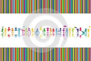 Cartoon colored children silhouettes on striped background