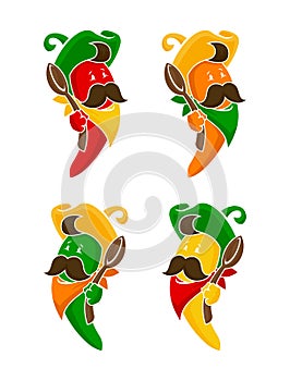 Cartoon colored chili peppers characters icons set