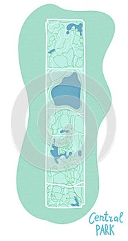 Cartoon colored flat map of the center of New York, Central Park. Funny green cute USA area map. Ponds and roads in Park. Vector