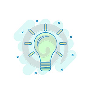 Cartoon colored light bulb icon in comic style. Bulb idea sign i