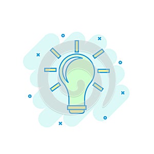 Cartoon colored light bulb icon in comic style. Bulb idea sign i