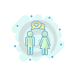 Cartoon colored man and woman with heart icon in comic style. Lo