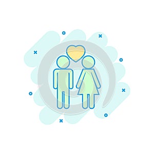 Cartoon colored man and woman with heart icon in comic style. Lo