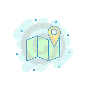 Cartoon colored map pin icon in comic style. Location gps sign i