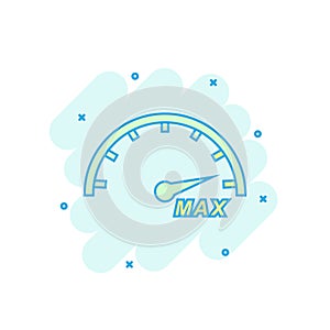 Cartoon colored max speed icon in comic style. Speedometer illus