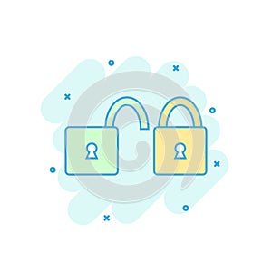 Cartoon colored padlock icon in comic style. Lock, unlock sign i