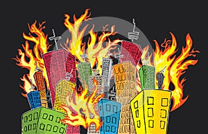 Cartoon colored skyscrapper suburb catching fire