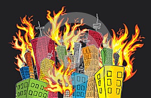 Cartoon colored skyscrapper suburb catching fire photo