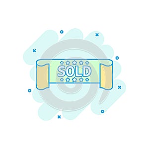 Cartoon colored sold ribbon icon in comic style. Discount sticker illustration pictogram. Sold sign splash business concept.