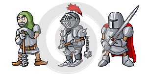 Cartoon colored three medieval knights prepering for Knight Tournament