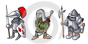 Cartoon colored three medieval knights prepering for Knight Tournament