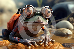 cartoon colorful bright frog in glasses with a backpack over his shoulders sits on the shore of a reservoir - Generative AI