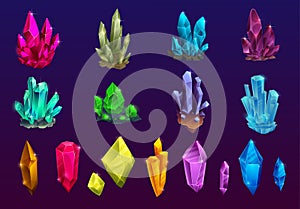 Cartoon colorful crystals set. Magic shiny gems.