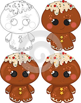 Cartoon colorful cute gingerbread man with sprinkles sketch template set.