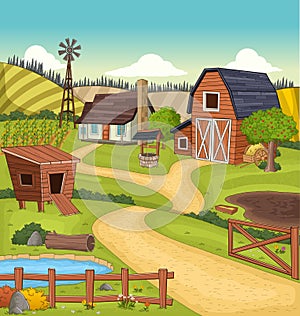 Cartoon colorful farm with barn