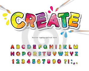 Cartoon colorful font for kids. Creative paint ABC letters and numbers. Bright glossy alphabet. Paper cut out. For