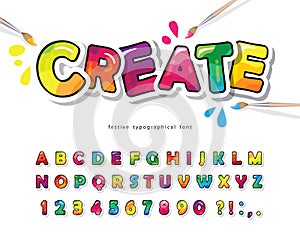 Návrh maľby farbistý písmo. tvorivé maľovať a čísla. jasný lesklý abeceda. znížiť von. 