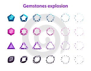 Cartoon colorful gemstones explosion frames