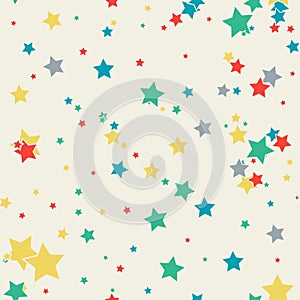 Cartoon colorful geo seamless pattern with chaotic stars and dots.
