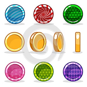 Cartoon colorful glossy Coin set, game animation