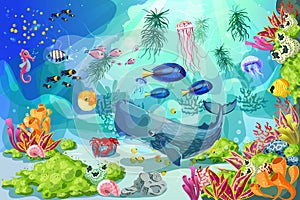 Cartoon Colorful Marine Underwater Life Background