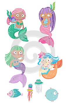 Cartoon colorful mermaids set with fish and jellyfish