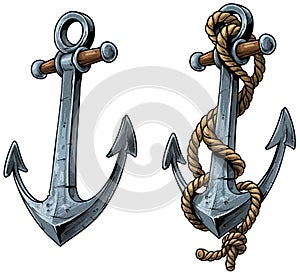 Cartoon colorful metal ship anchor with rope