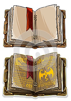 Cartoon colorful open magic spell books set